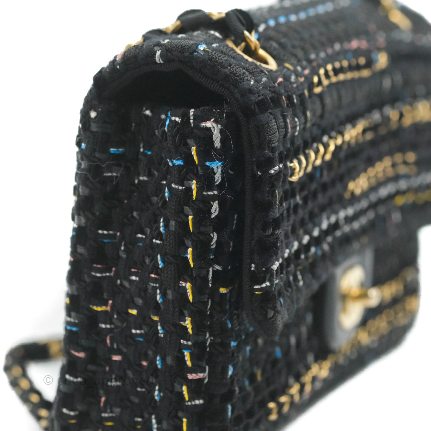 Chanel Medium Single Flap Black Tweed Chain Braid Aged Gold Hardware
