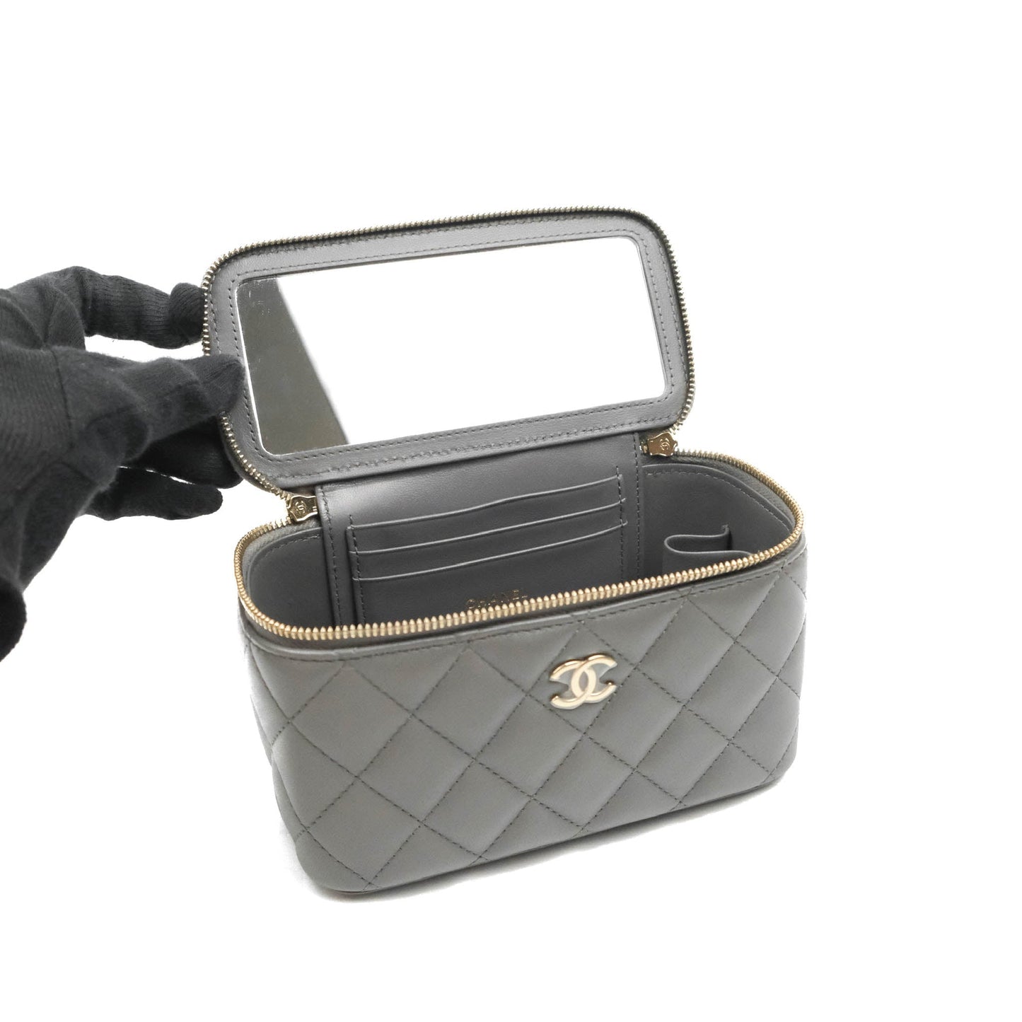 Chanel Vanity Rectangular Top Handle Grey Lambskin Gold Hardware