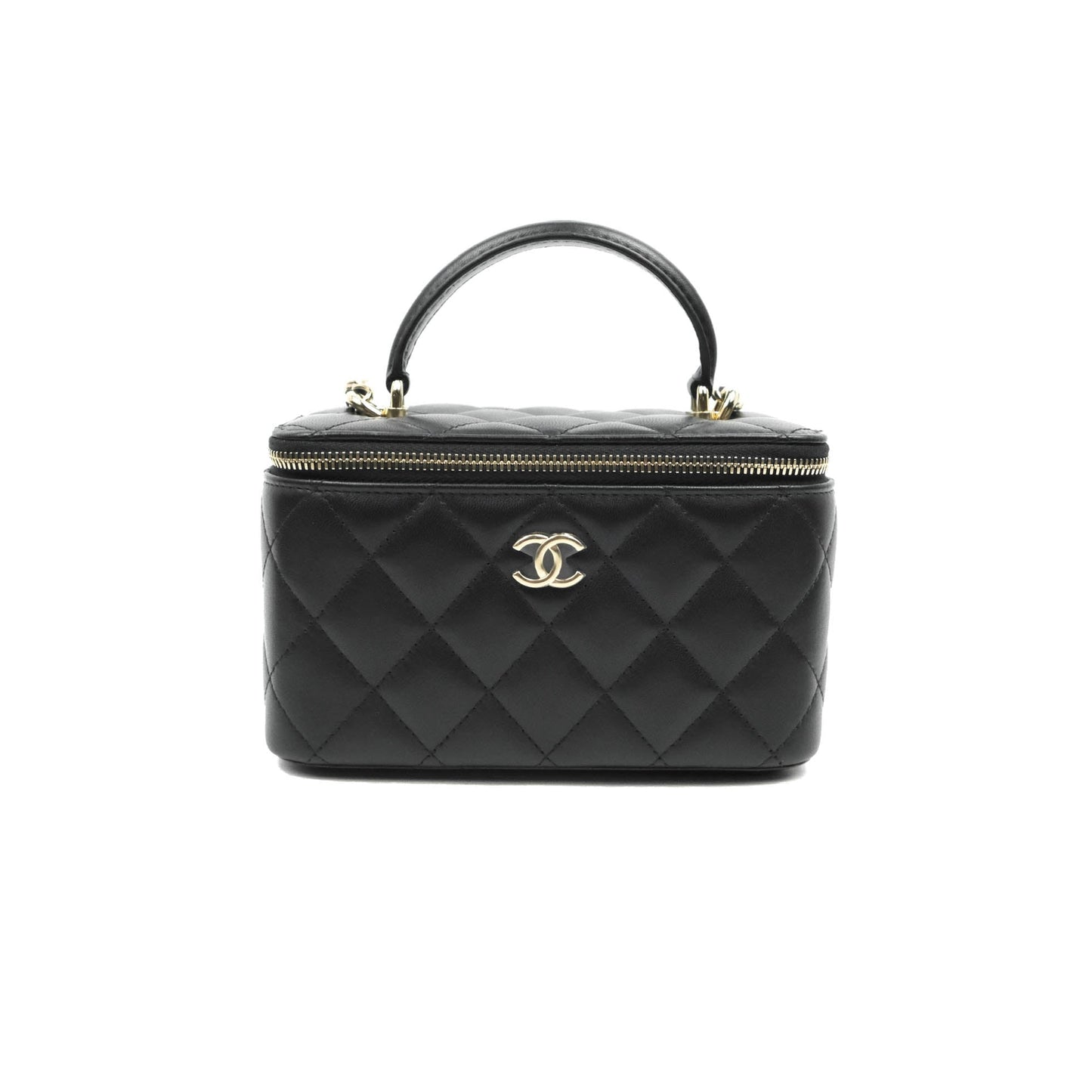 Chanel Classic Vanity Rectangular Top Handle With Chain Black Lambskin Aged Gold Hardware