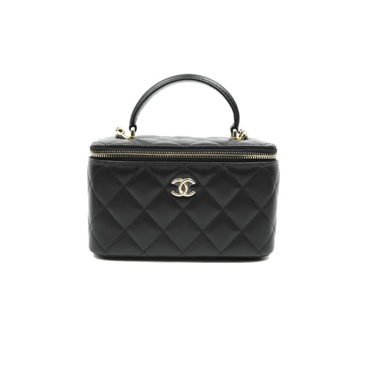 Chanel Classic Vanity Rectangular Top Handle With Chain Black Lambskin Aged Gold Hardware