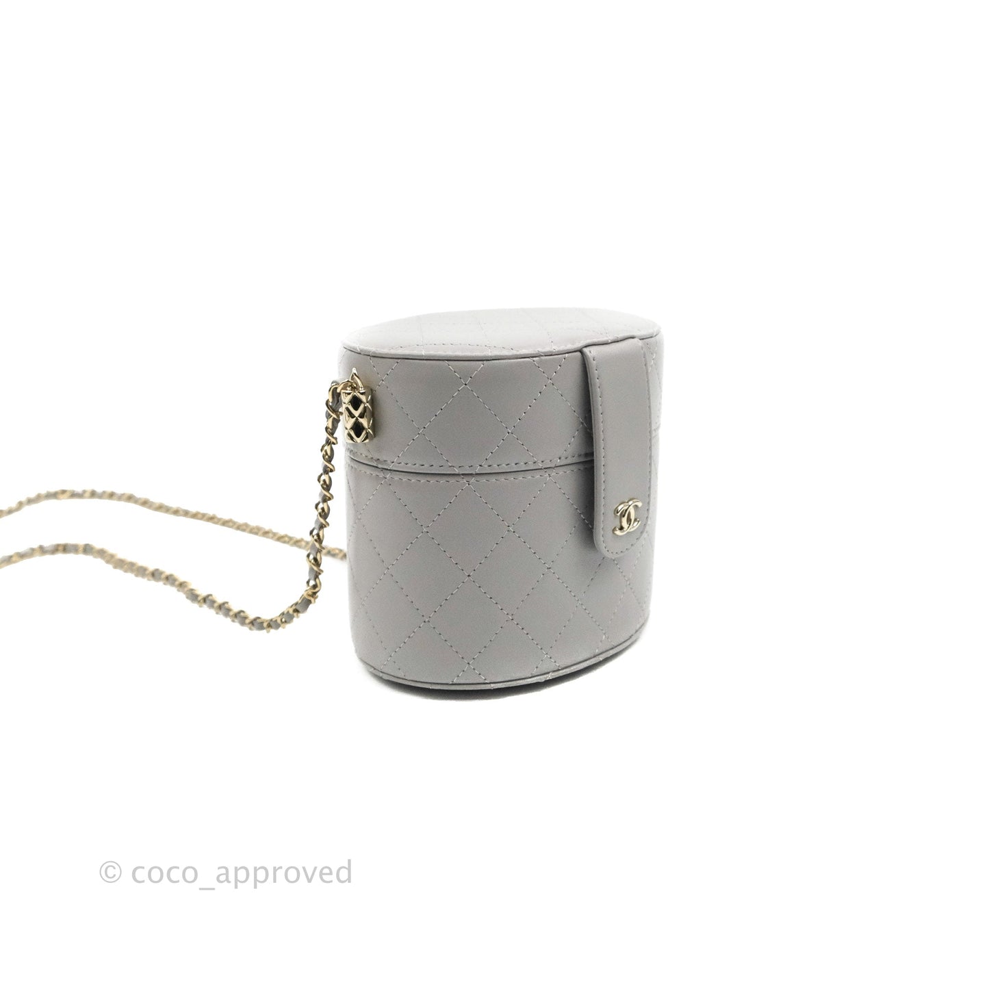 Chanel Quilted Round Vanity Clutch With Chain Grey Lambskin Gold Hardware