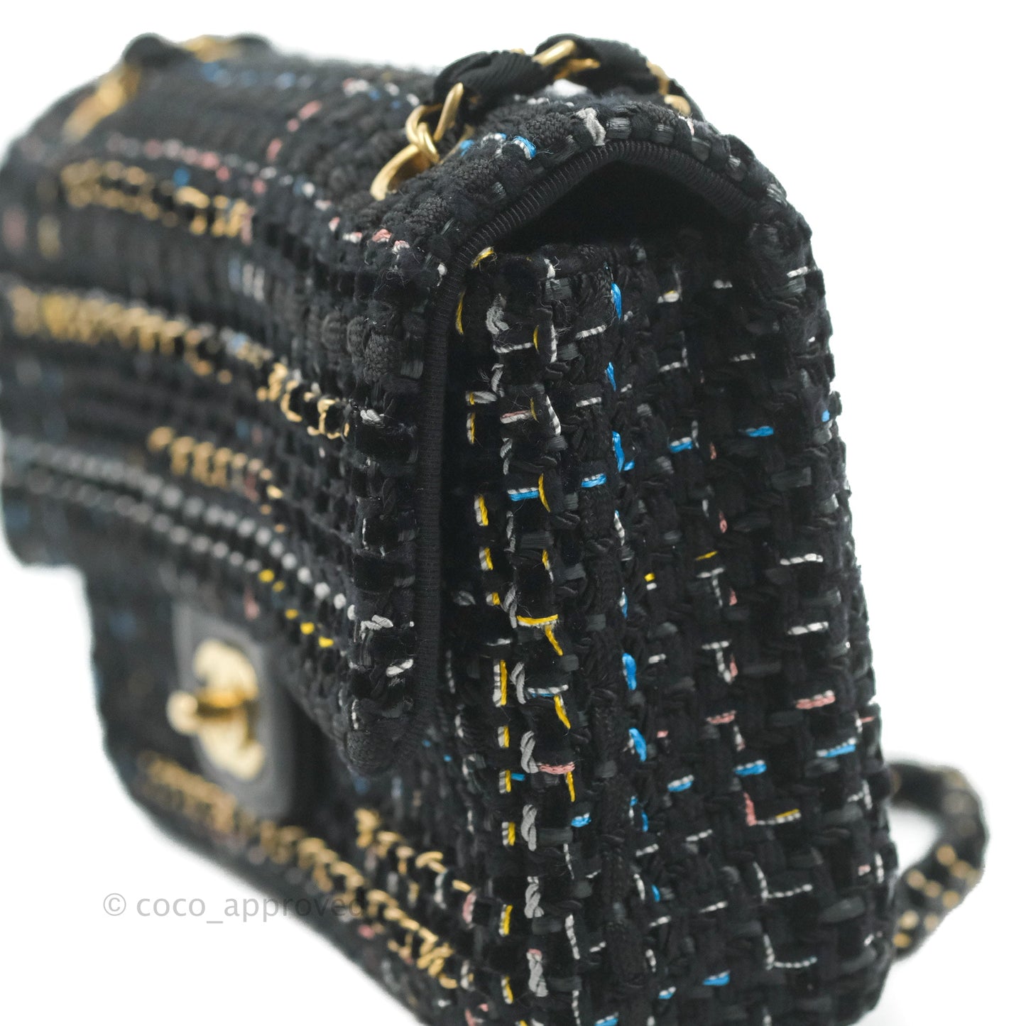 Chanel Medium Single Flap Black Tweed Chain Braid Aged Gold Hardware
