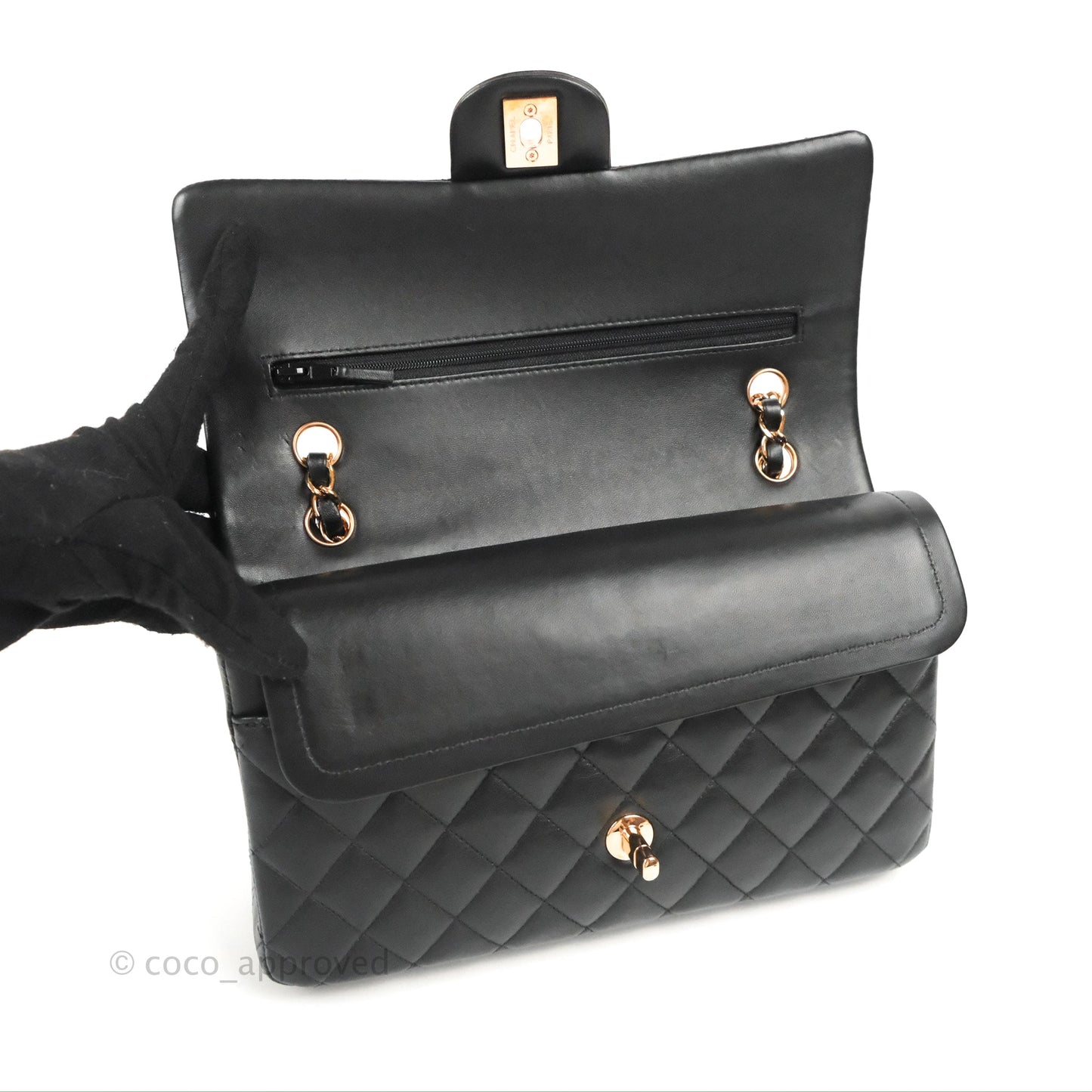 Chanel Classic M/L Medium Flap Black Lambskin Rose Pink-Gold Hardware