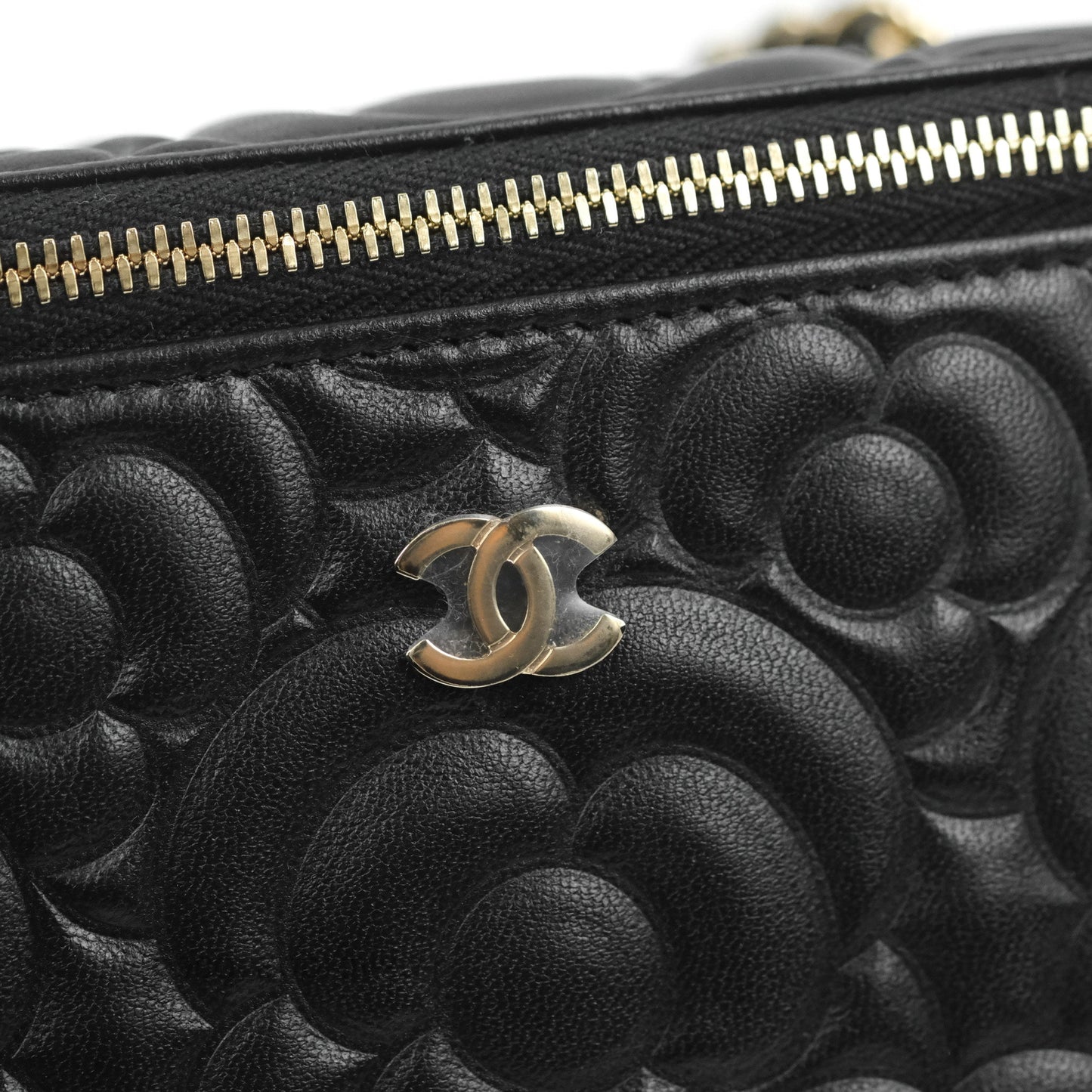 Chanel Vanity Rectangular Camellia Embossed Black Lambskin Gold Hardware