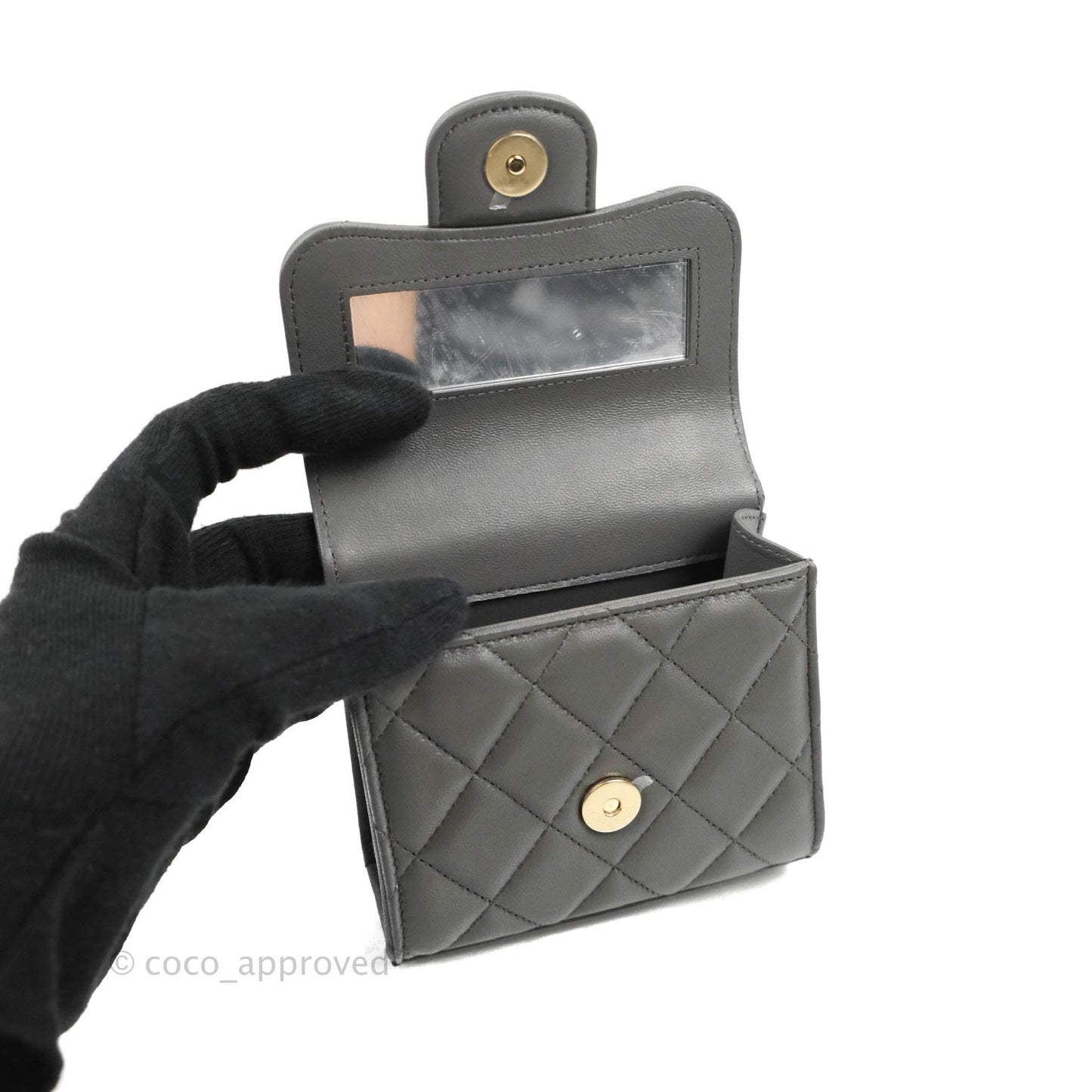 Chanel Mini Handle Clutch With Chain Grey Lambskin Gold Hardware