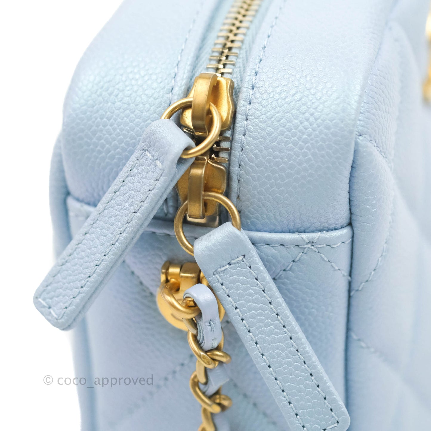 Chanel Quilted My Perfect Camera Case Iridescent Blue Caviar Aged Gold Hardware