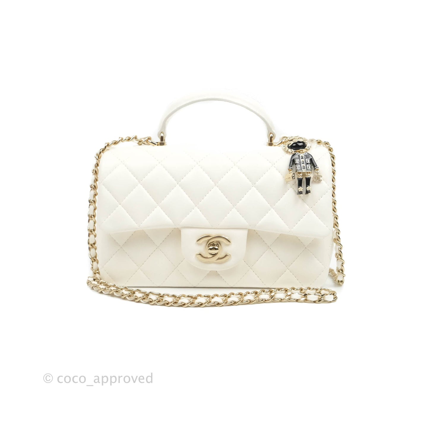 Chanel Top Handle Mini Rectangular Flap Bag with Charm White Lambskin Gold Hardware