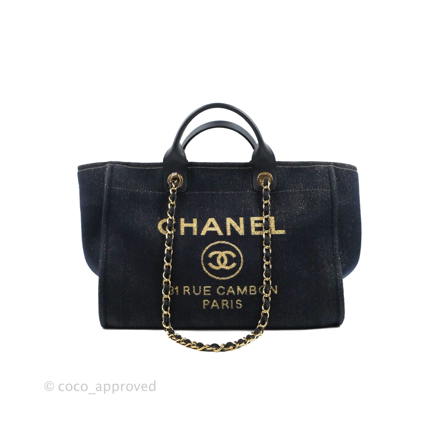 Chanel Canvas Large Deauville Tote Navy Glittery Gold Logo 19B