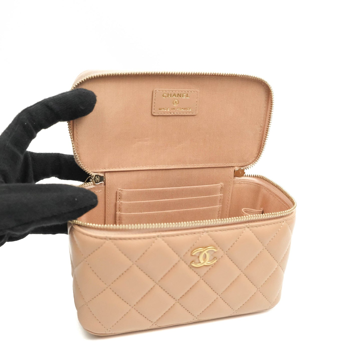 Chanel Classic Vanity Rectangular Top Handle With Chain Beige Lambskin Aged Gold Hardware