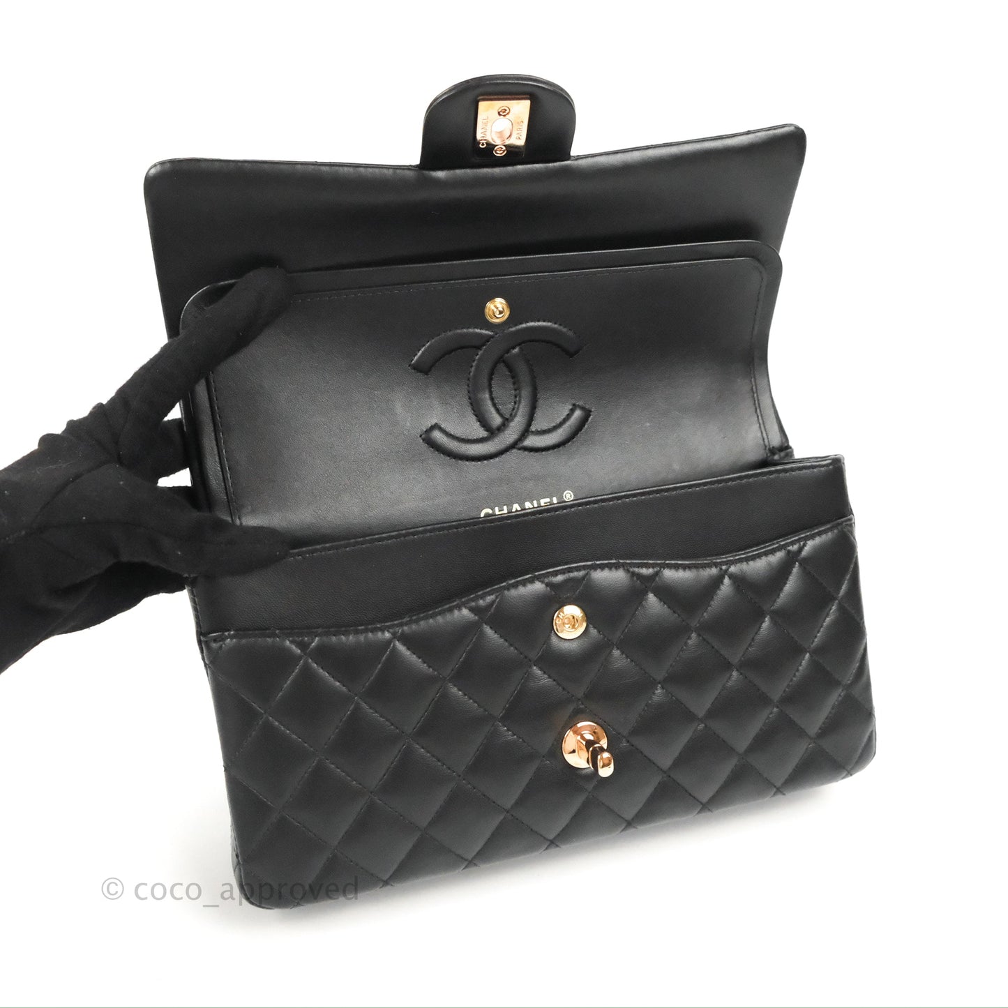 Chanel Classic M/L Medium Flap Black Lambskin Rose Pink-Gold Hardware