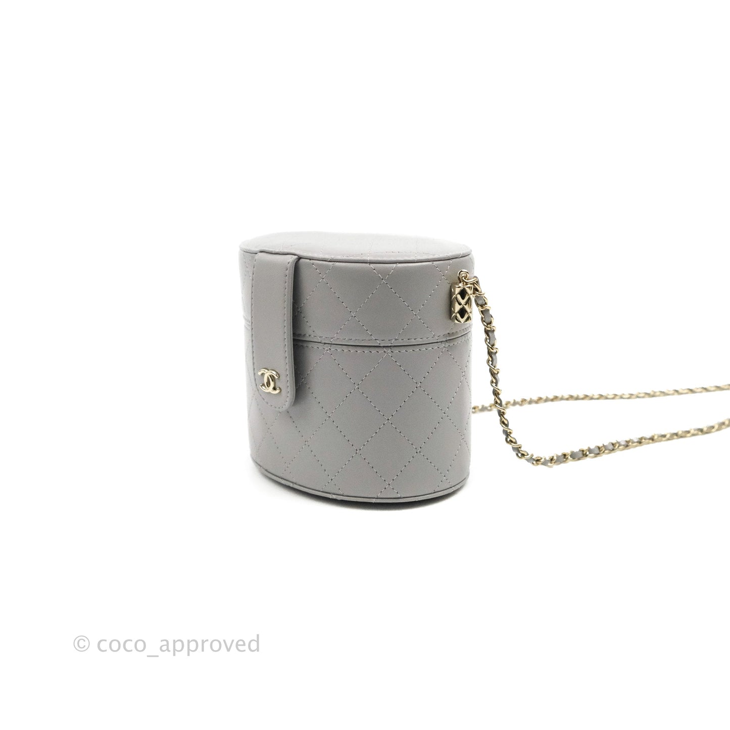 Chanel Quilted Round Vanity Clutch With Chain Grey Lambskin Gold Hardware