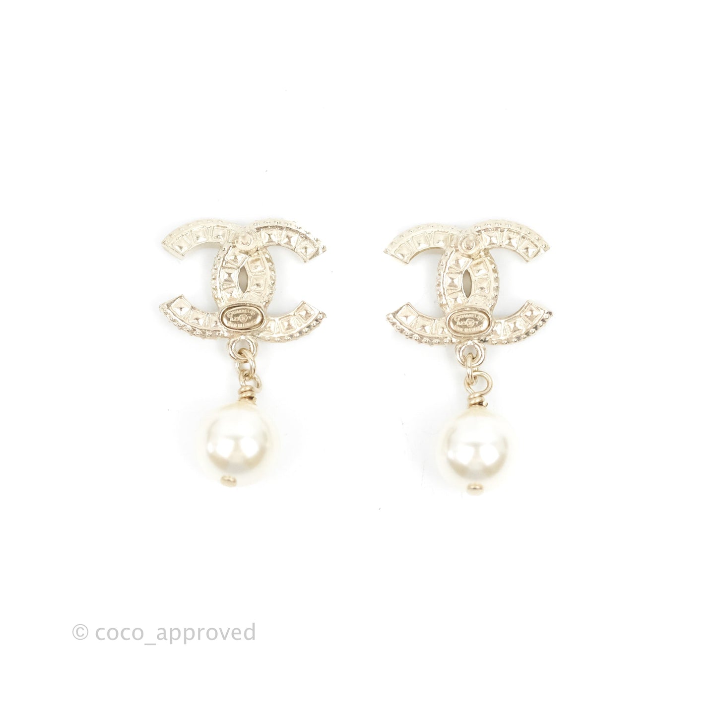 Chanel CC Crystal Pearl Drop Earrings Gold Tone 23V