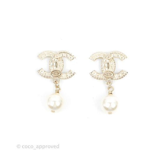 Chanel CC Crystal Pearl Drop Earrings Gold Tone 23V