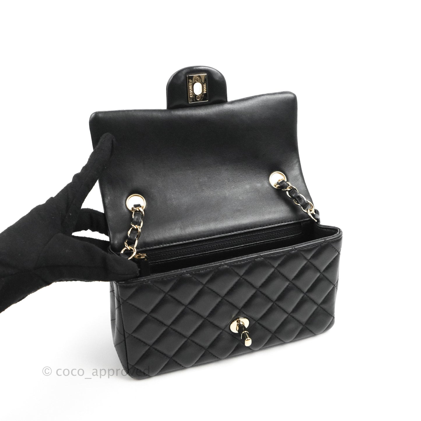 Chanel Quilted Mini Rectangular Flap Black Lambskin Light Gold Hardware