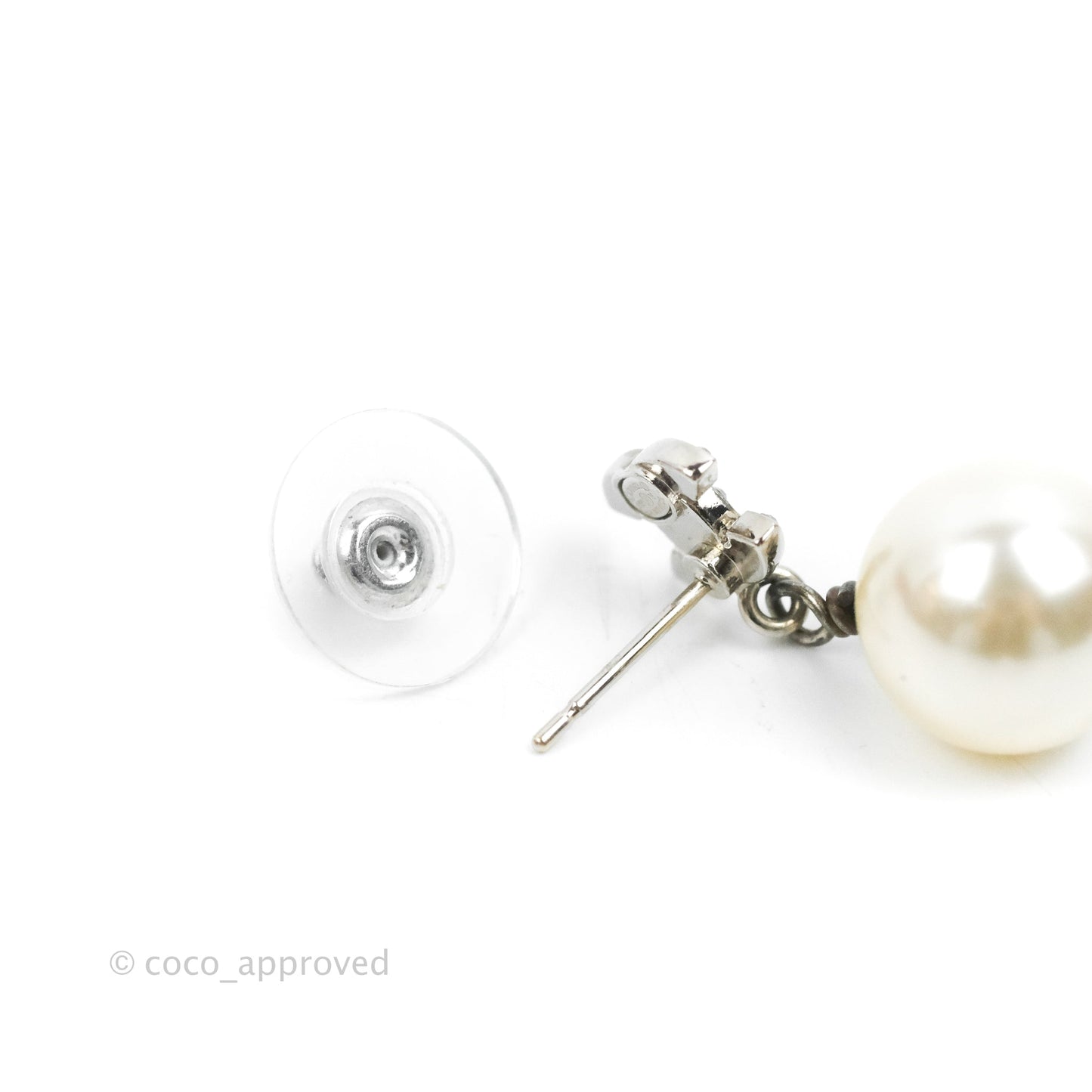 Chanel CC Crystal Pearl Drop Earrings Silver Tone 19V