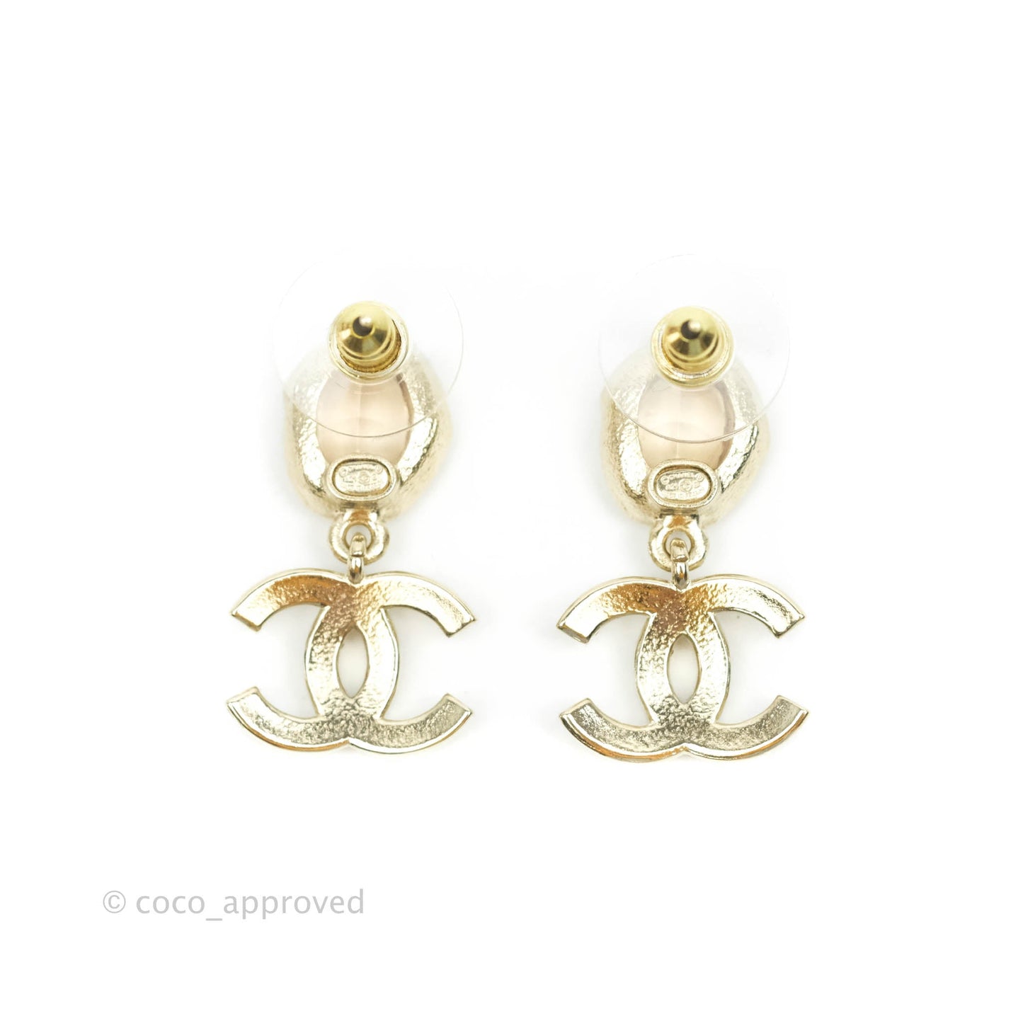 Chanel Champagne Resin Pearl CC Drop Earrings Gold Tone 21B