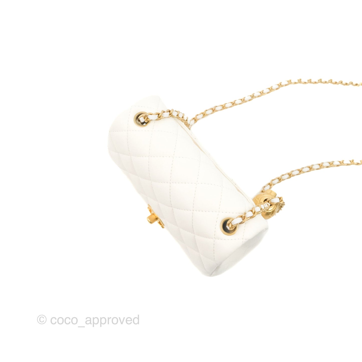 Chanel Mini Square Pearl Crush Quilted White Lambskin Aged Gold Hardware