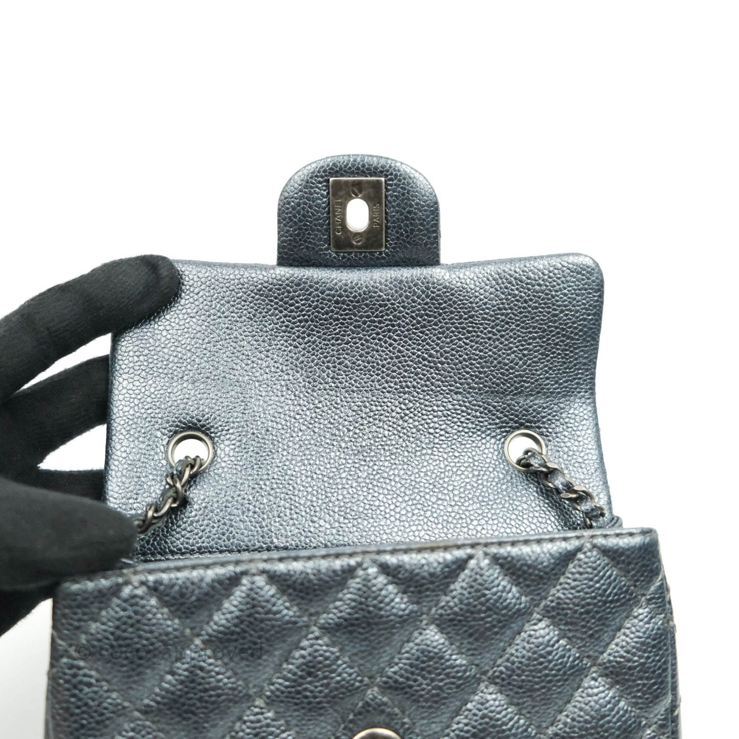 Chanel Quilted Extra Mini Rectangular Flap Metallic Dark Grey Caviar Ruthenium Hardware