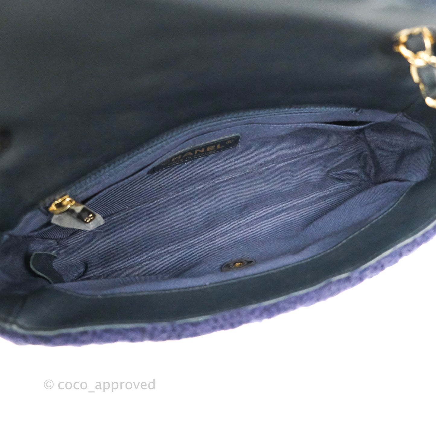 Chanel Mini Rectangular Flap Navy Blue Cable Knit Gold Hardware