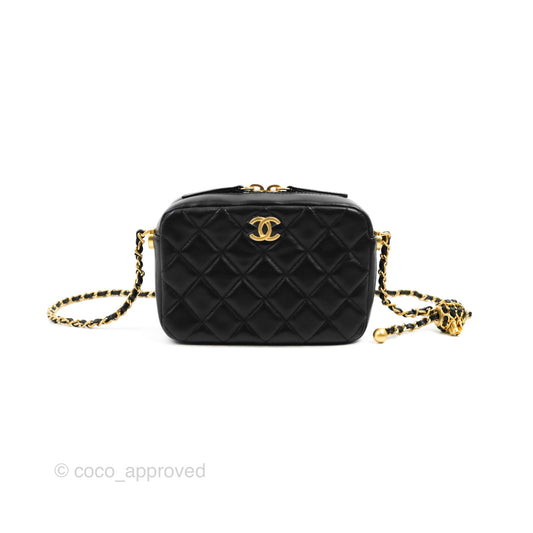 Chanel Quilted CC Pearl Crush Camera Case Black Lambskin Gold Hardware