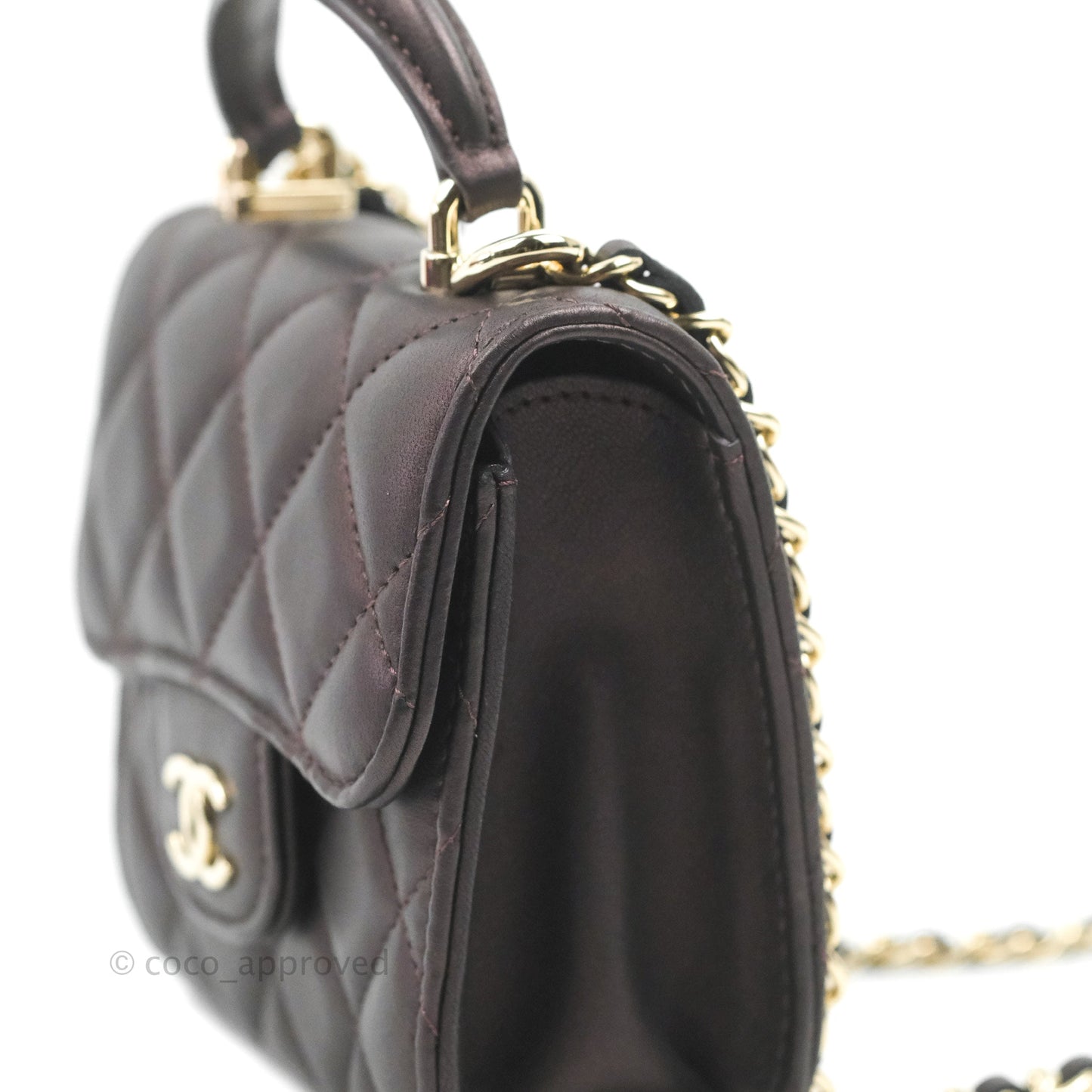 Chanel Mini Handle Clutch With Chain Iridescent Purple Lambskin Gold Hardware