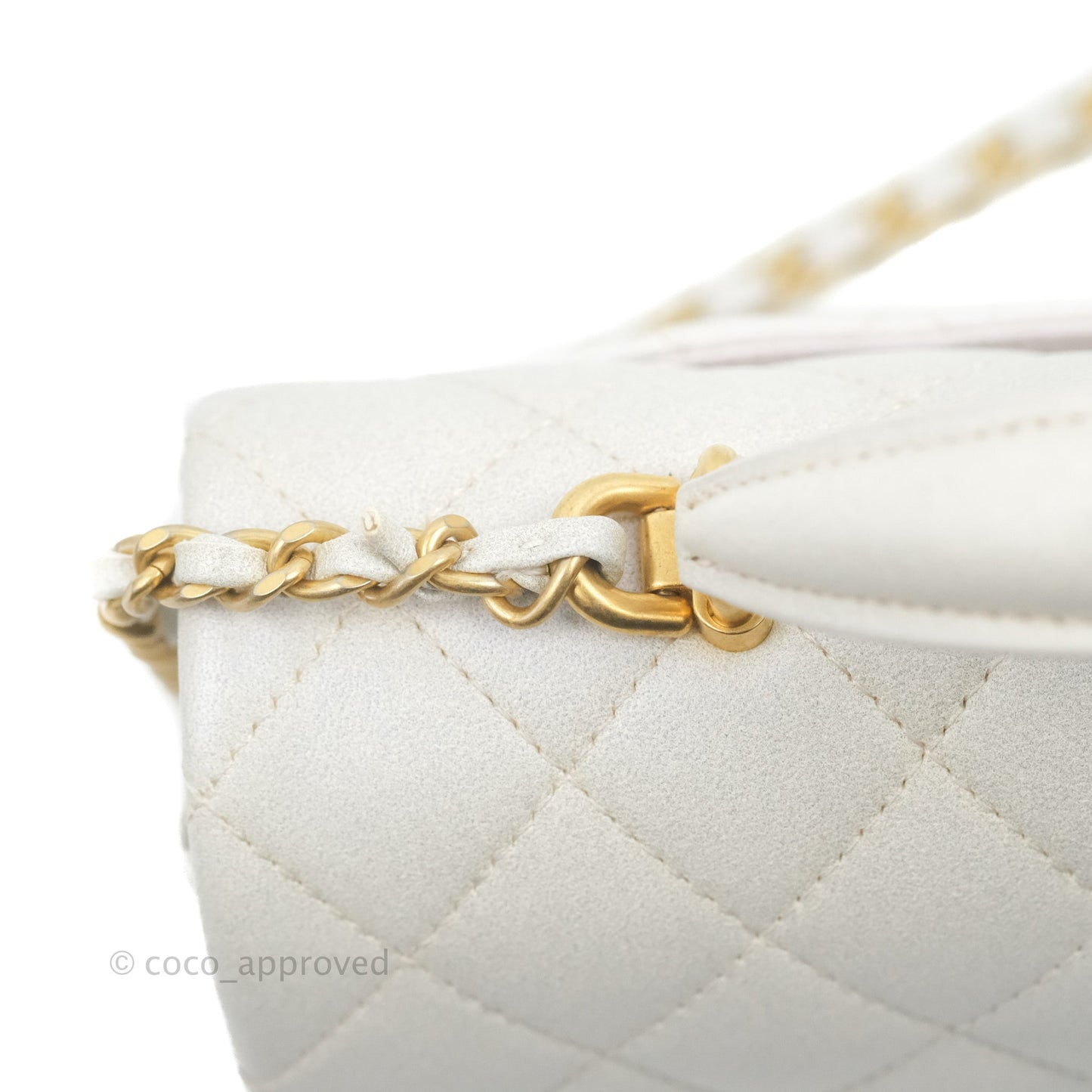 Chanel Top Handle Mini Rectangular Flap Bag Iridescent White Lambskin Aged Gold Hardware