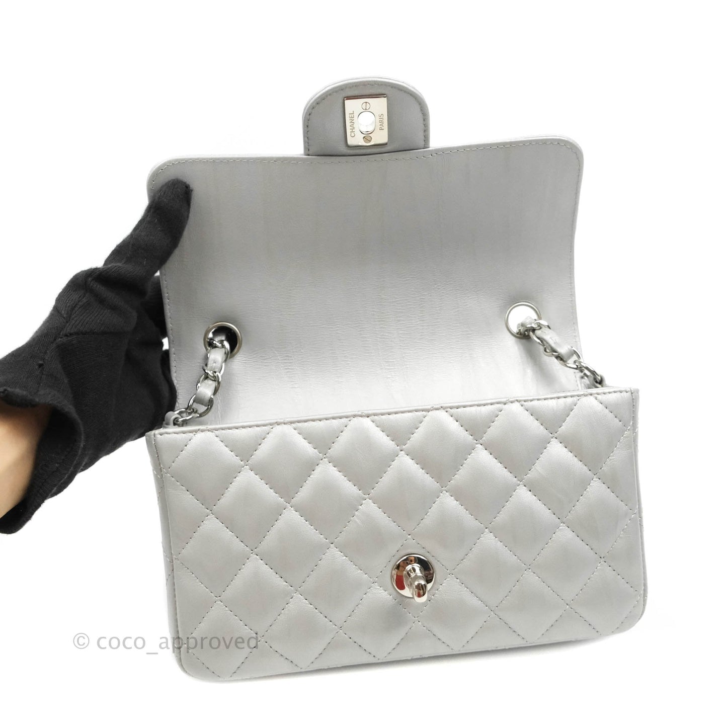 Chanel Quilted Mini Rectangular Silver Crumpled Calfskin Silver Hardware