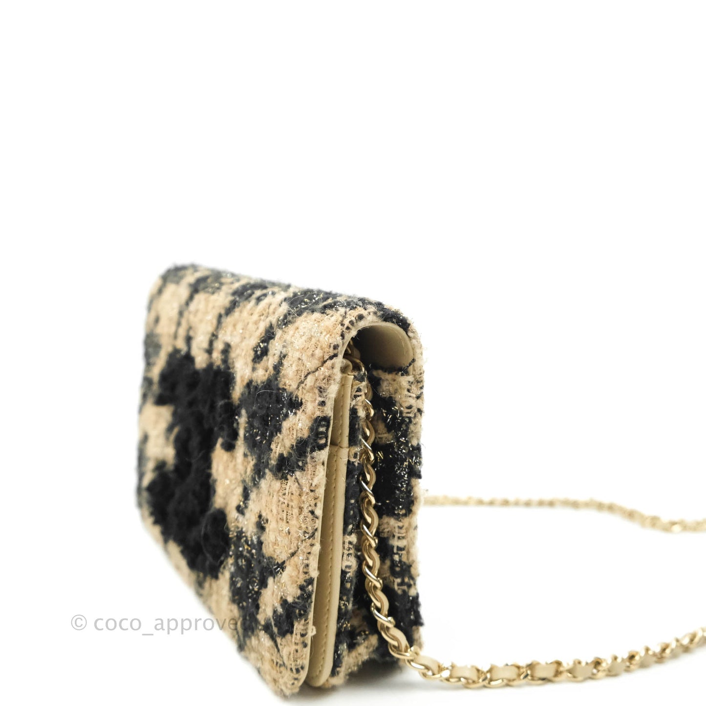 Chanel Wallet On Chain WOC Houndstooth Beige Black Tweed Gold Hardware