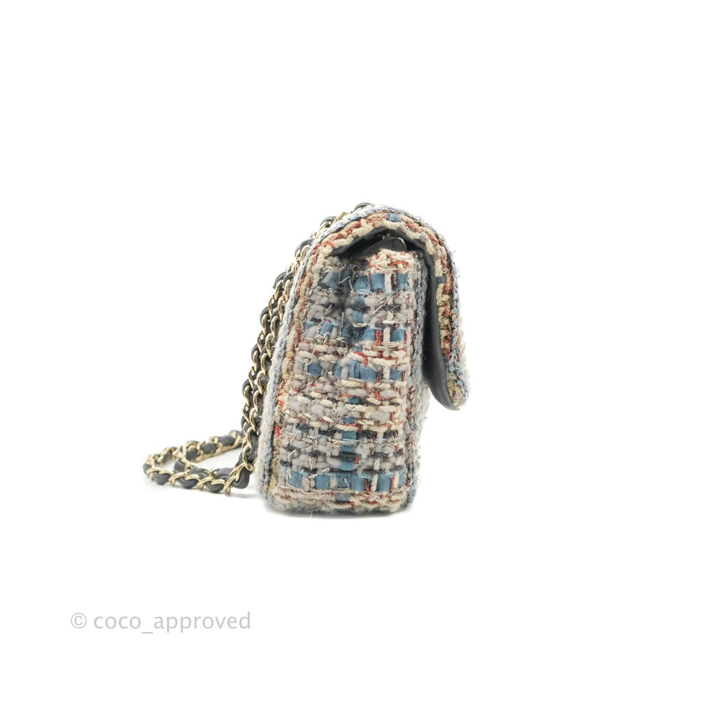 Chanel M/L Medium Single Flap Grey Tweed Braided Gold Hardware