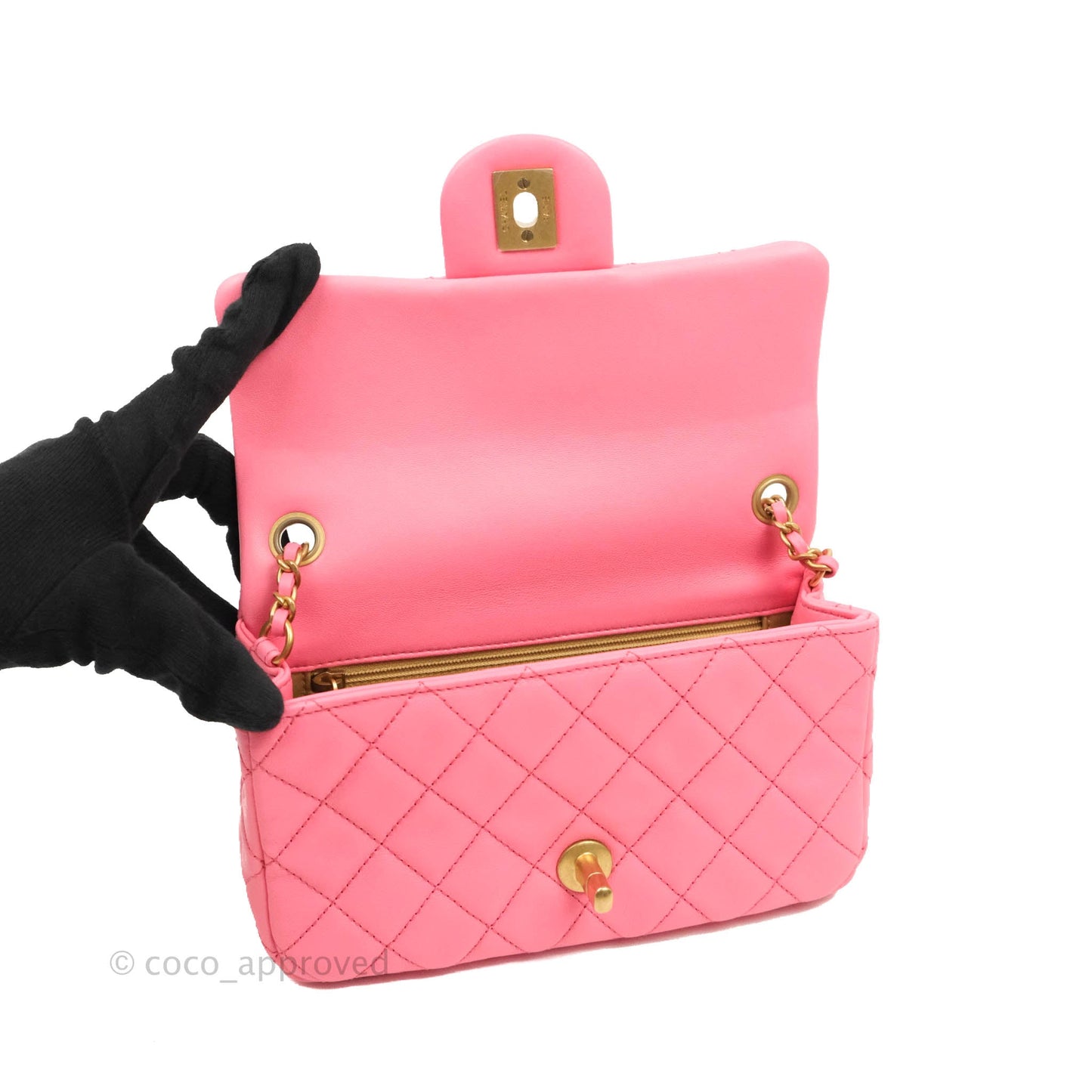 Chanel Mini Rectangular Pearl Crush Quilted Pink Lambskin Aged Gold Hardware