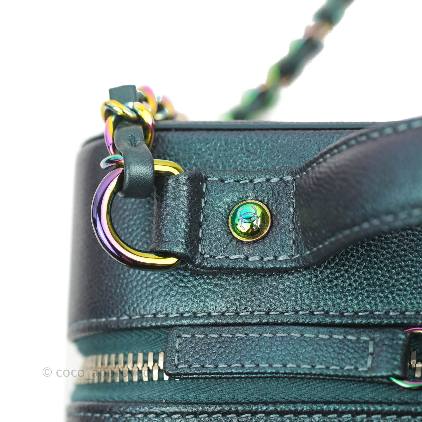 Chanel Quilted Medium CC Filigree Vanity Case Iridescent Dark Turquoise Caviar Rainbow Hardware