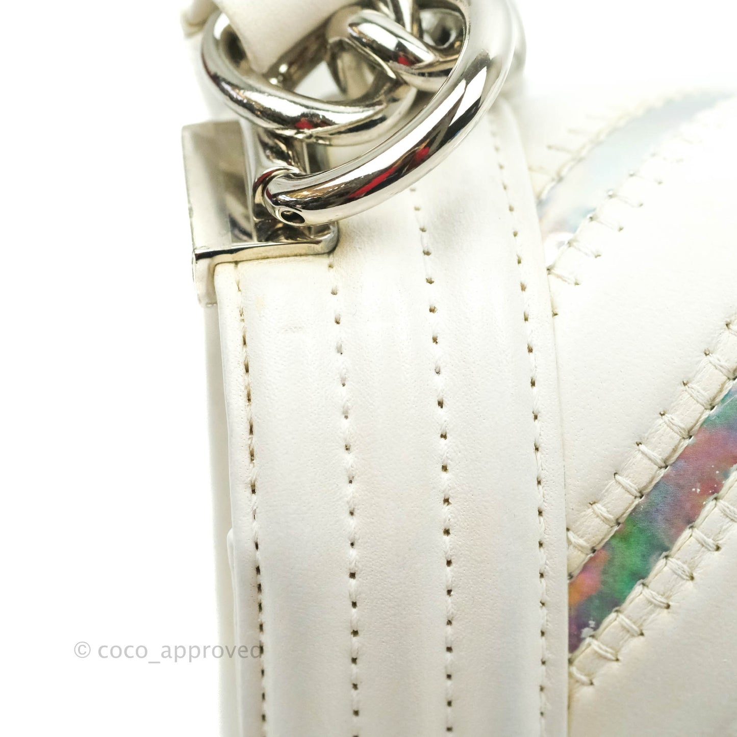 Chanel Quilted Medium Boy Flap Iridescent Chevron White Lambskin Silver Hardware