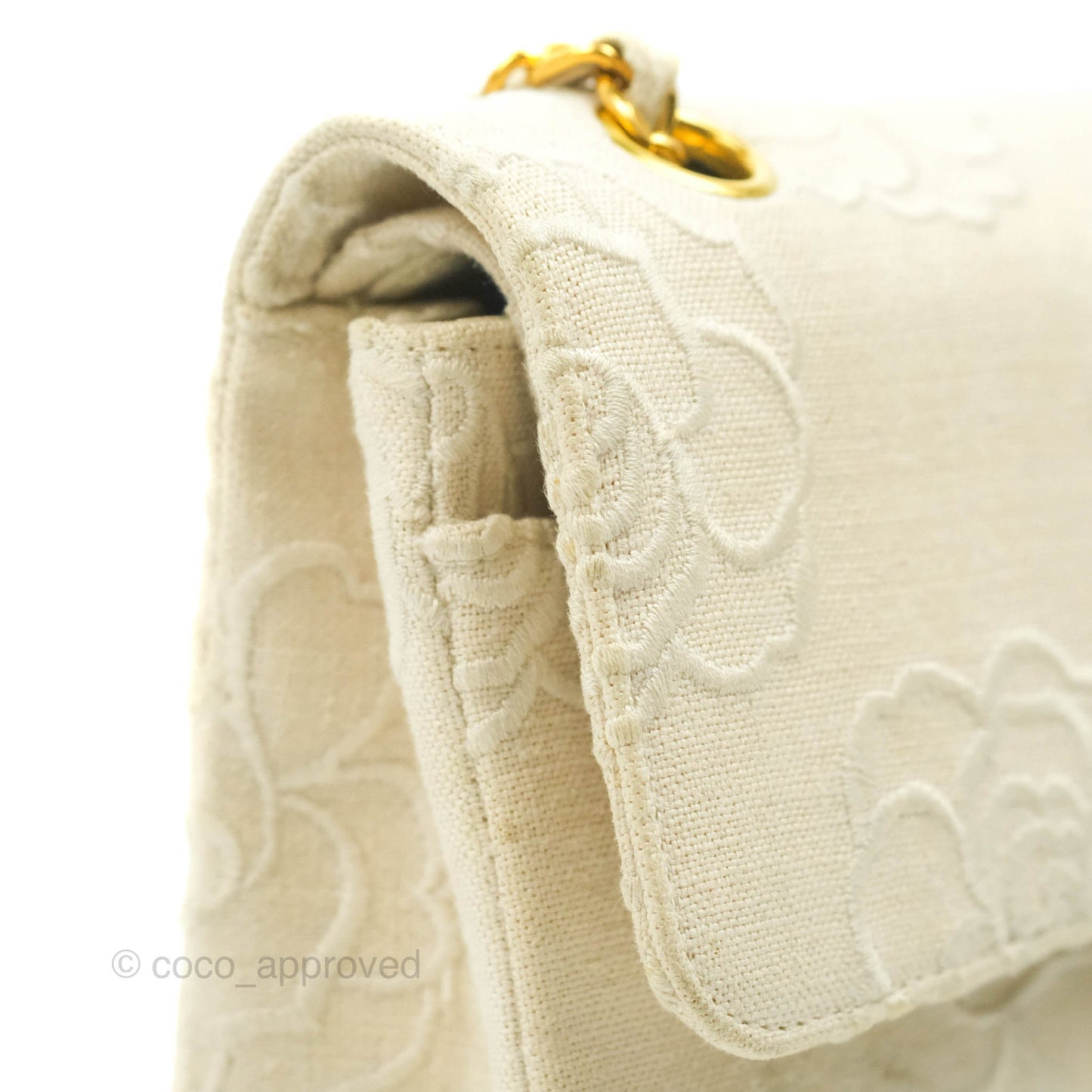 Chanel Small Flap Camellia Embroidered Ivory Beige Linen Canvas 24K Gold Hardware