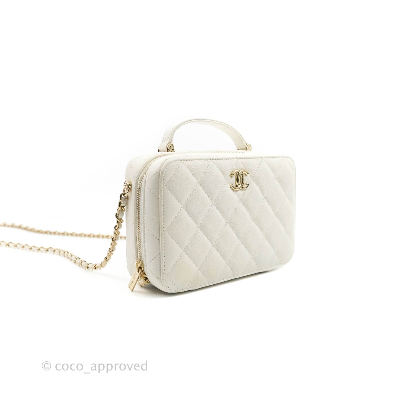 Chanel Quilted Top Handle Vanity White Caviar Gold Hardware