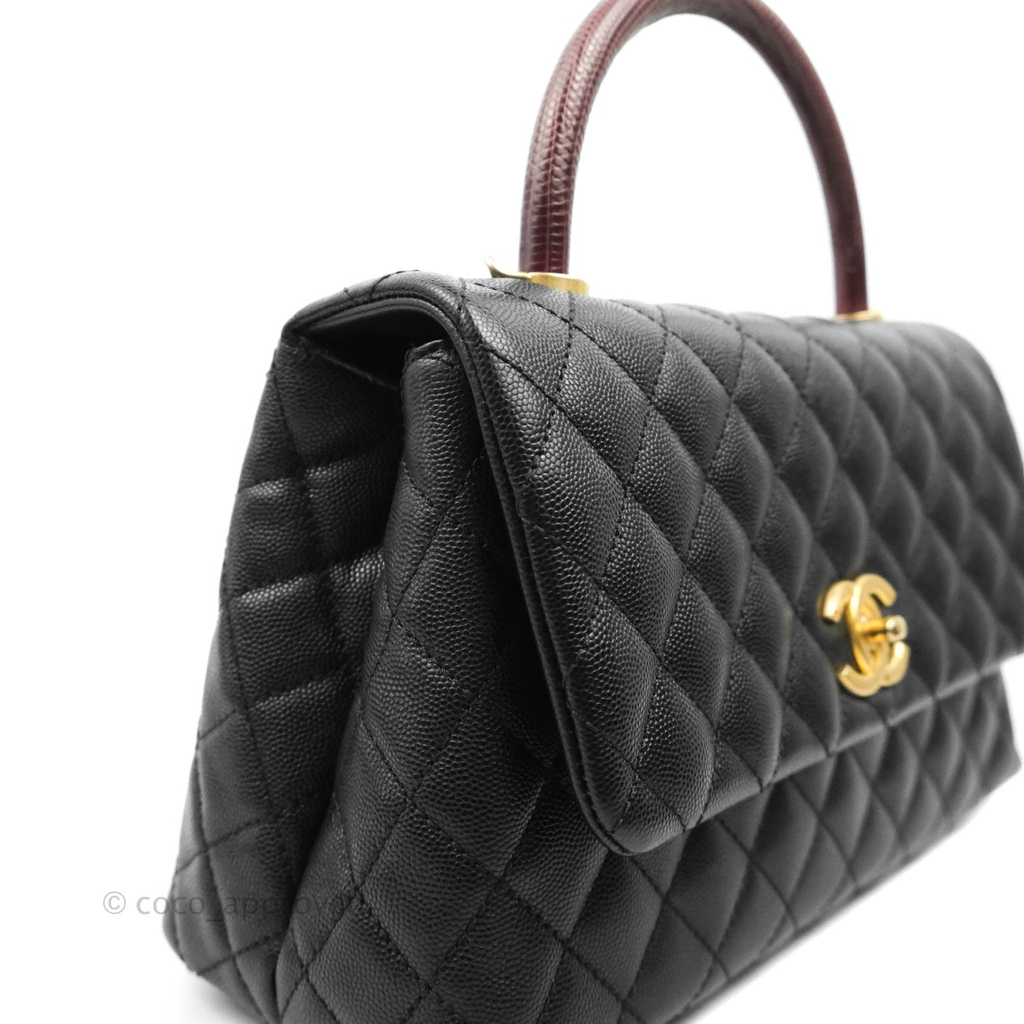 Chanel Medium Coco Handle Quilted Black Caviar Lizard Handle Gold Hardware