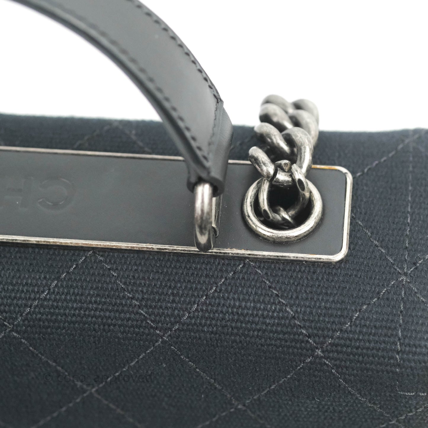 Chanel Quilted CC Top Handle with Chain Dark Navy Fabric Ruthenium Hardware 15P