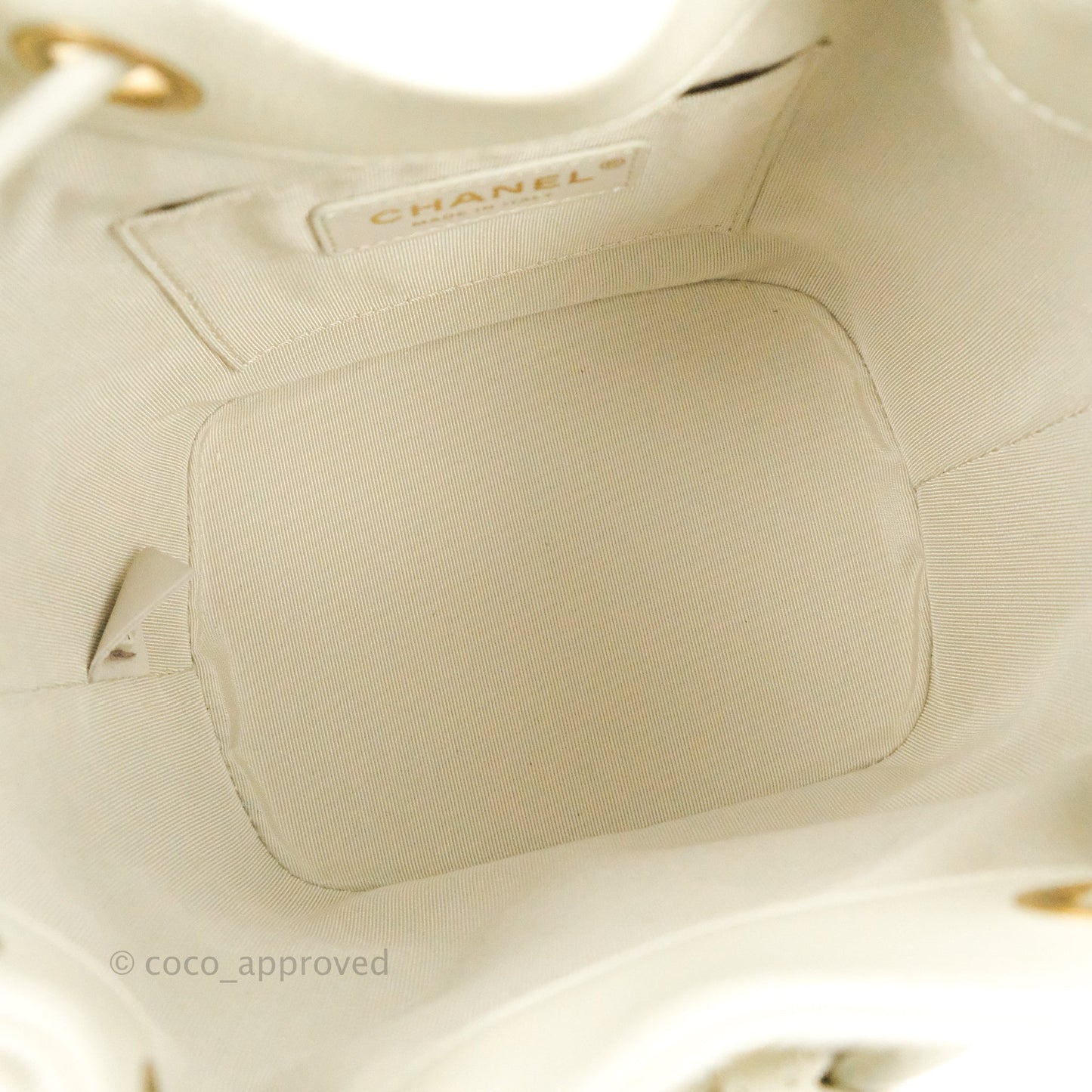 Chanel CC Small Drawstring Bucket Bag White Calfskin Aged Gold Hardware
