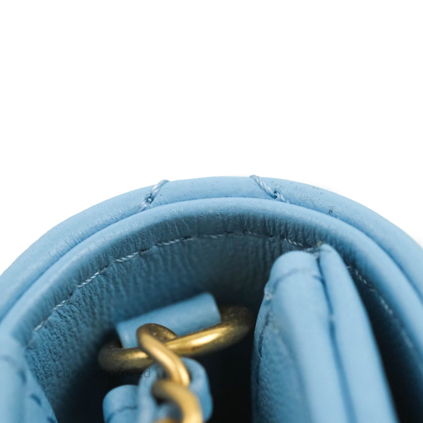 Chanel Pearl Crush Mini Clutch With Chain Blue Lambskin Aged Gold Hardware