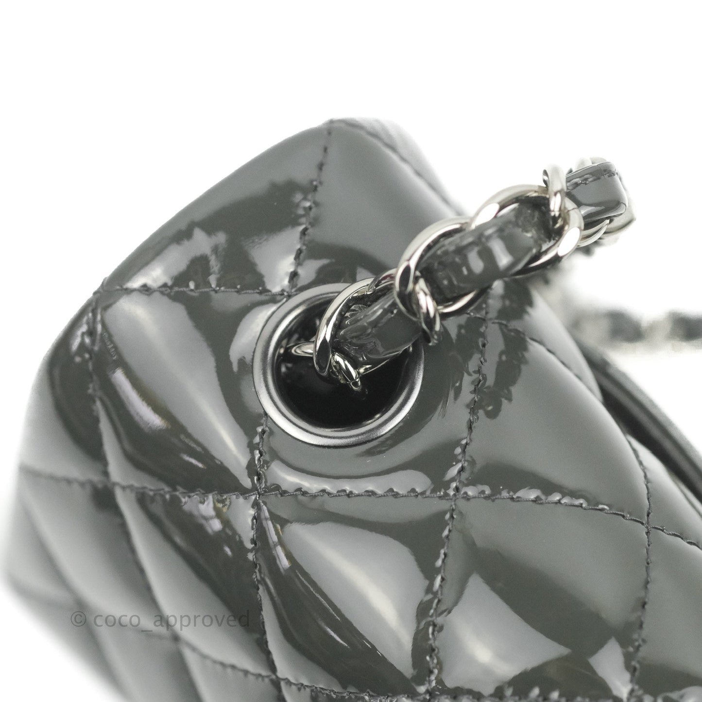 Chanel Quilted Mini Rectangular Dark Grey Patent Silver Hardware