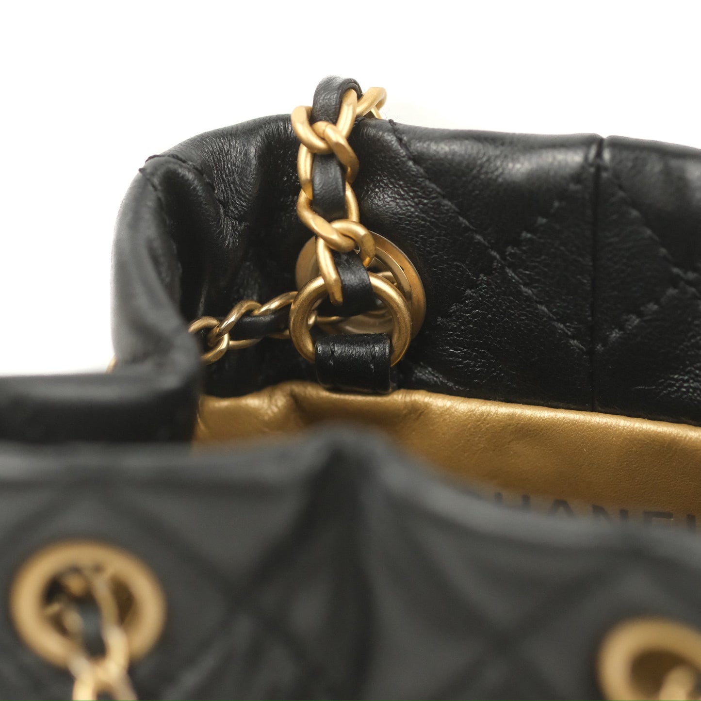 Chanel Pearl Crush Bucket Bag Black Lambskin Aged Gold Hardware 22S