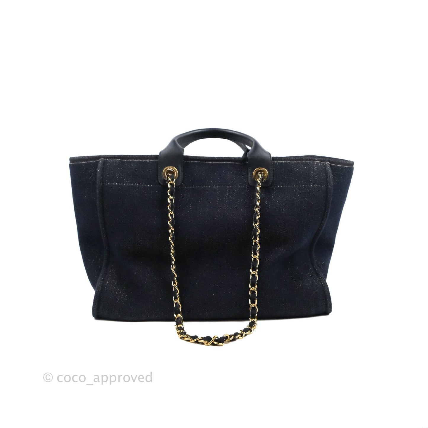 Chanel Canvas Large Deauville Tote Navy Glittery Gold Logo 19B