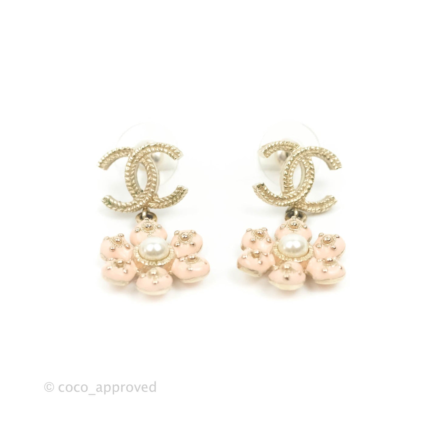 Chanel CC Pearl Flower Drop Earrings Gold Tone 18C