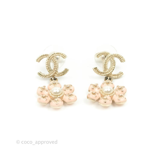 Chanel CC Pearl Flower Drop Earrings Gold Tone 18C