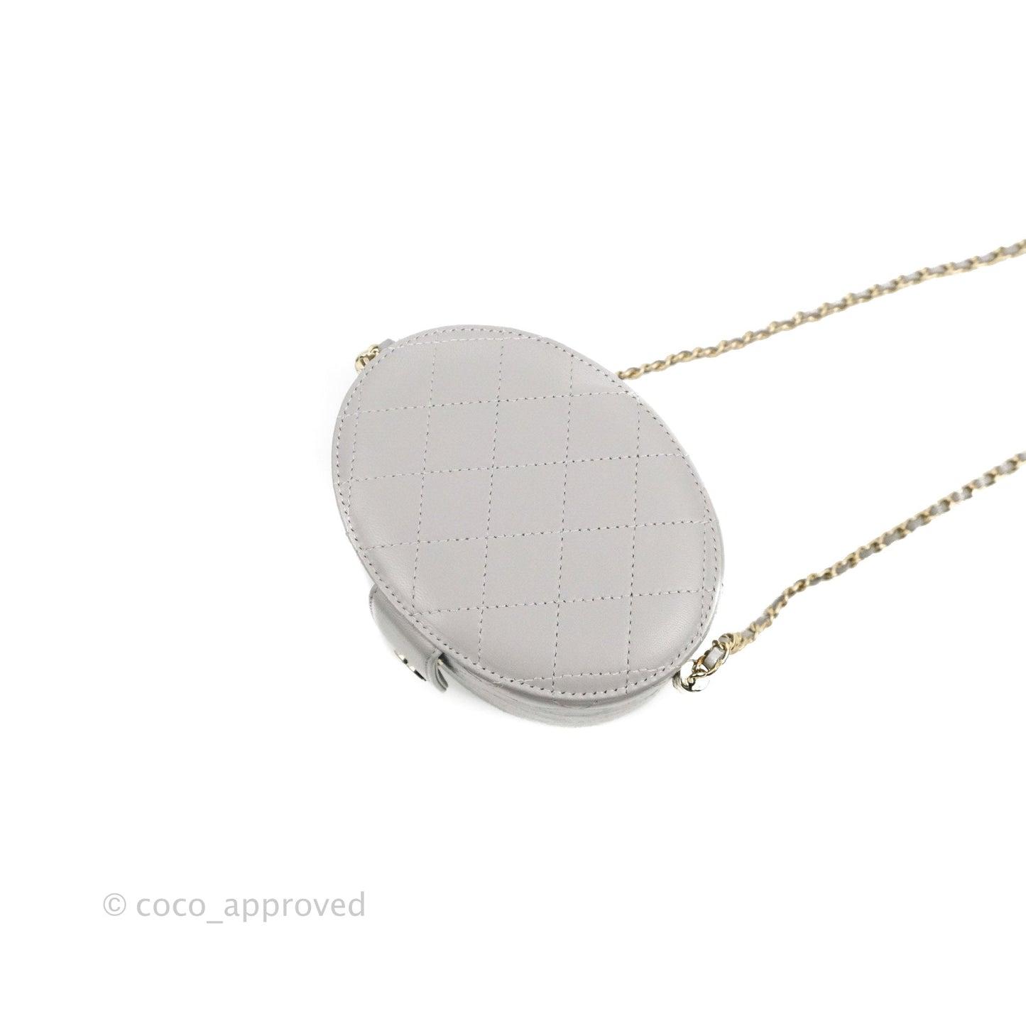 Chanel Quilted Round Vanity Clutch With Chain Grey Lambskin Gold Hardware