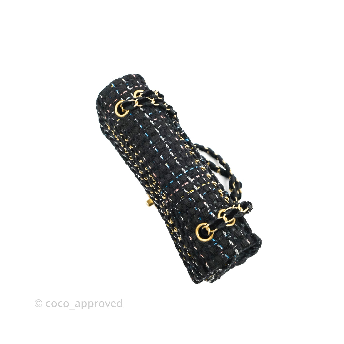 Chanel Medium Single Flap Black Tweed Chain Braid Aged Gold Hardware