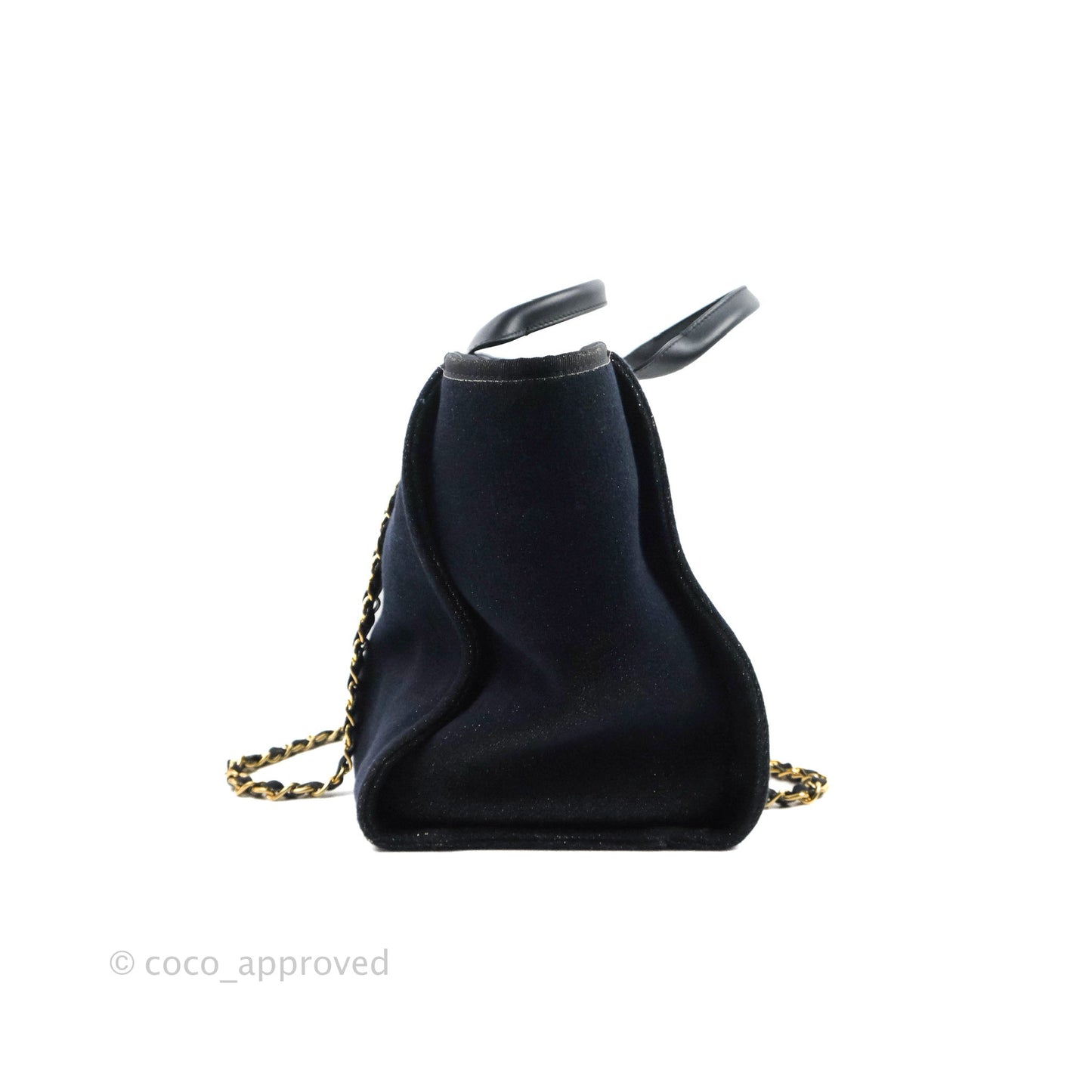 Chanel Canvas Large Deauville Tote Navy Glittery Gold Logo 19B
