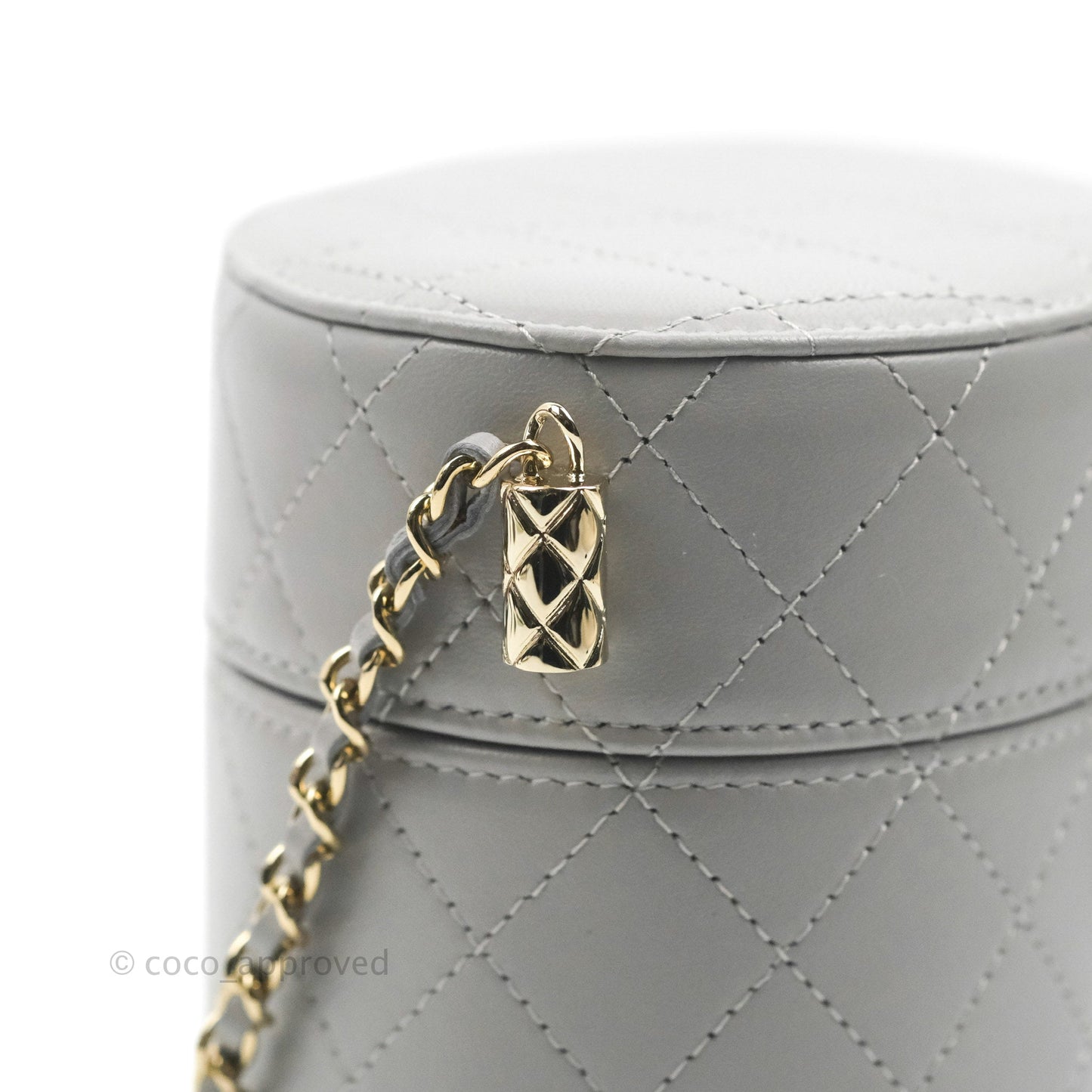 Chanel Quilted Round Vanity Clutch With Chain Grey Lambskin Gold Hardware