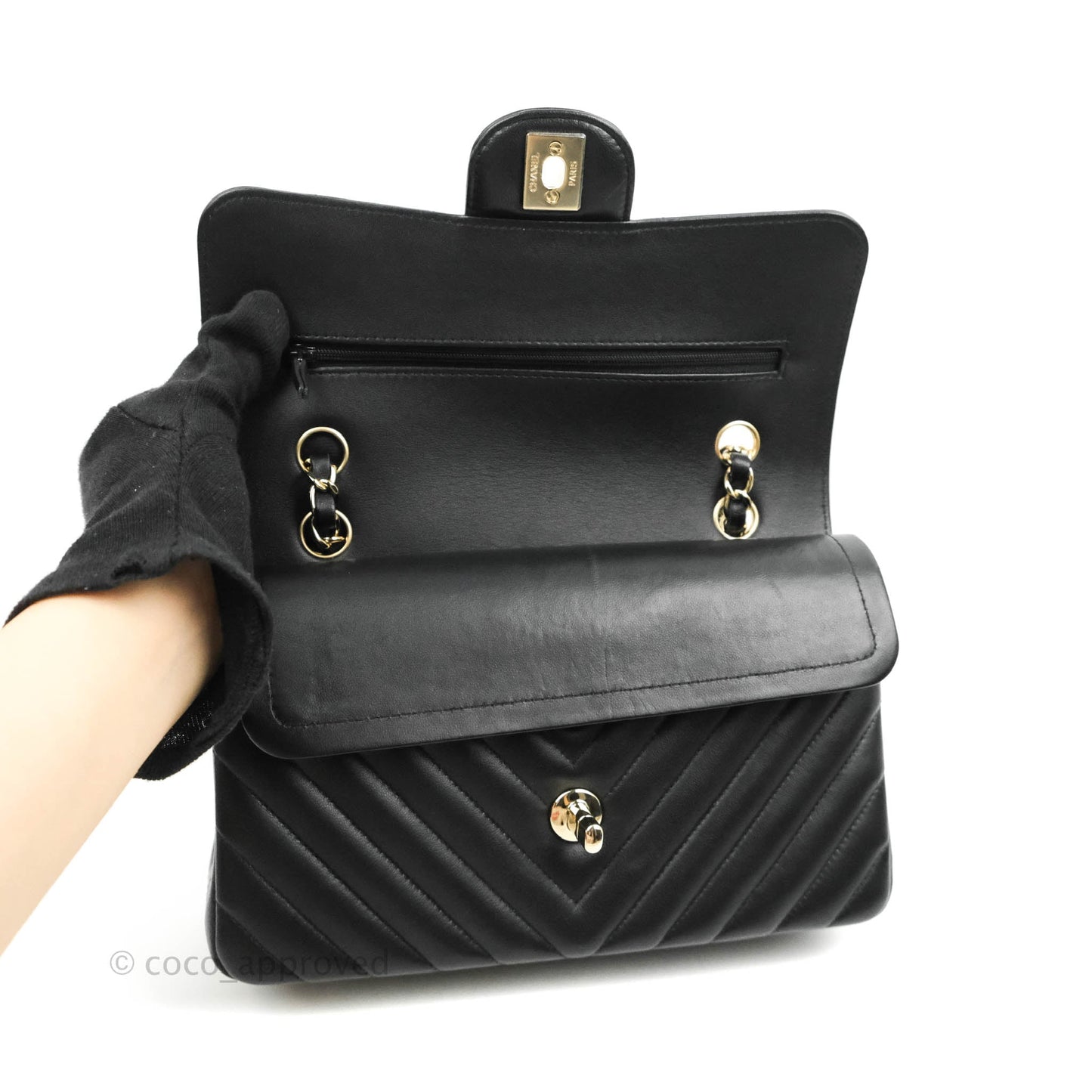 Chanel Classic Chevron S/M Small Double Flap Black Lambskin Gold Hardware
