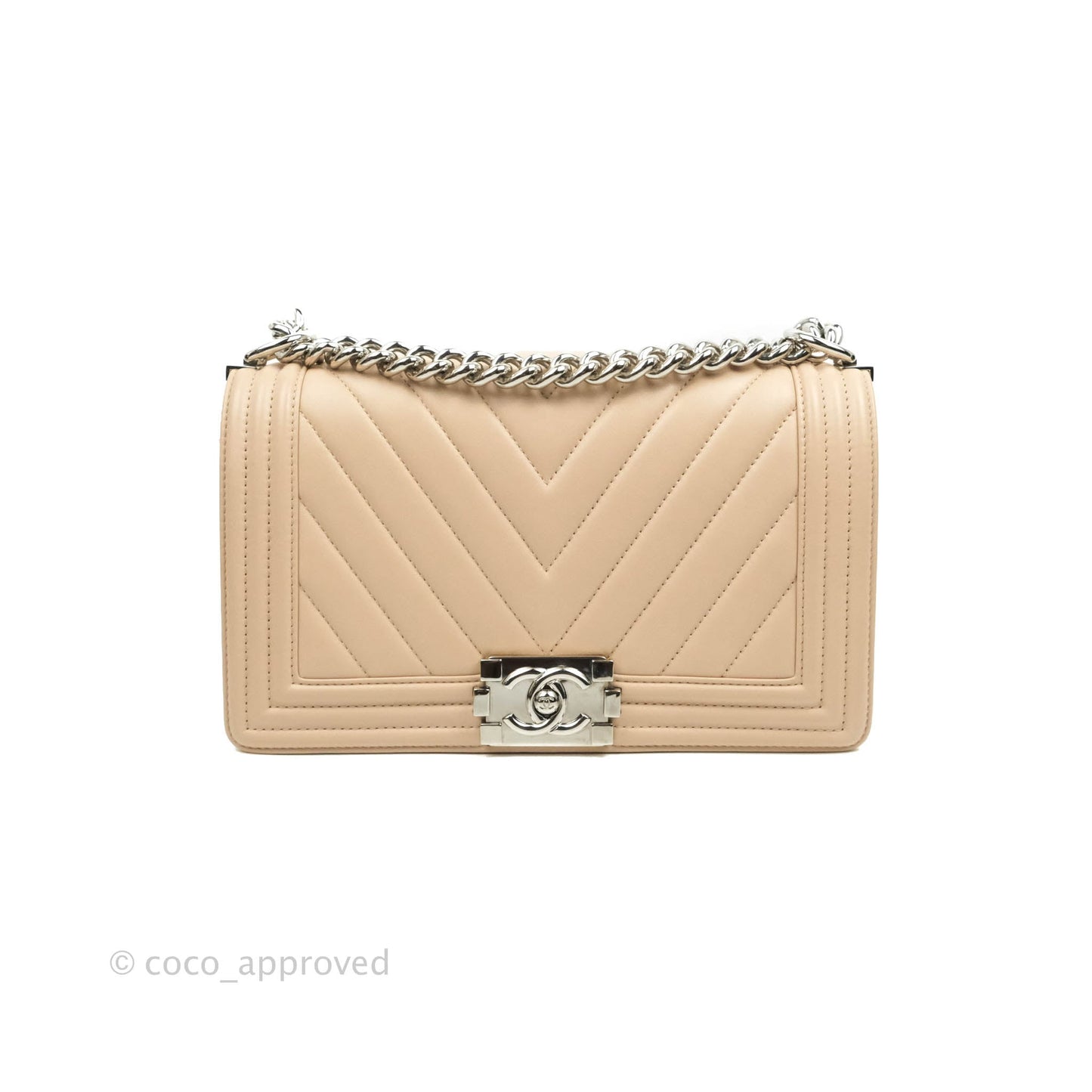 Chanel Chevron Medium Boy Light Pink Beige Calfskin Silver Hardware