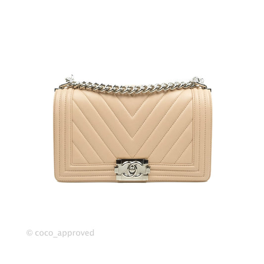 Chanel Chevron Medium Boy Light Pink Beige Calfskin Silver Hardware